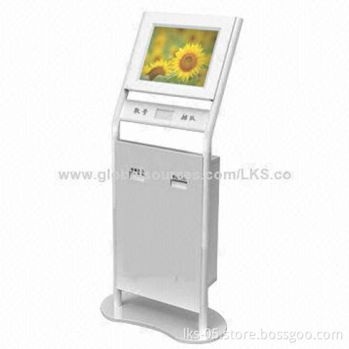 Queue machine kiosk with 19-inch touch screen and printer functions for hospital and bank